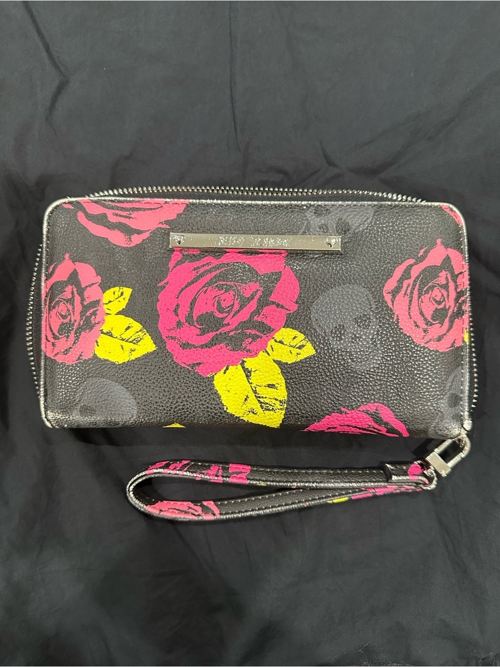 Betsey Johnson Black Skull Wristlet Wallet with Pink Roses & Yellow Leaves